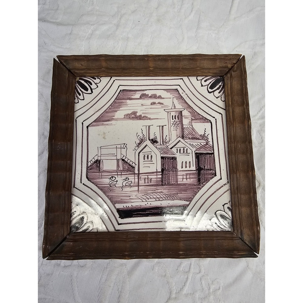 18th century salvaged Delft manganese tile depicting buildings and trees 6x6 - Picture 1 of 7